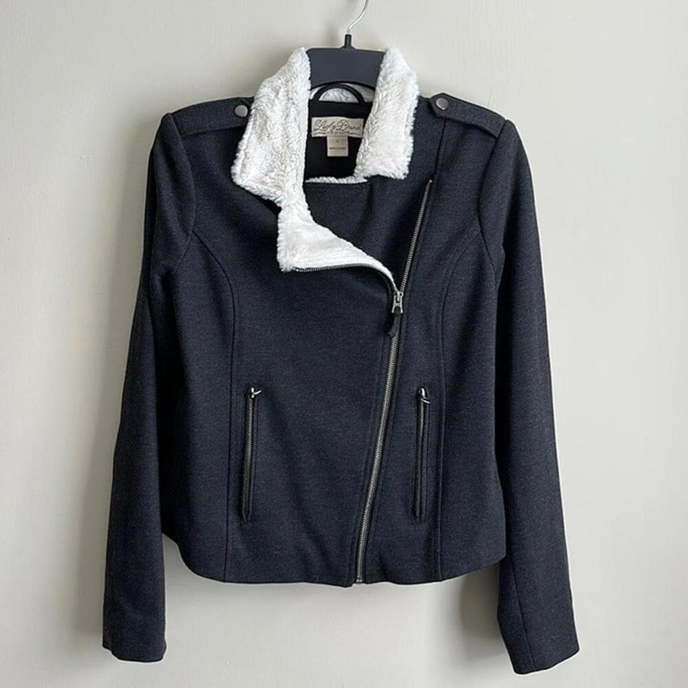 Lucky Brand Moto Stye Jacket, Dark Grey/Cream Trim, Size S